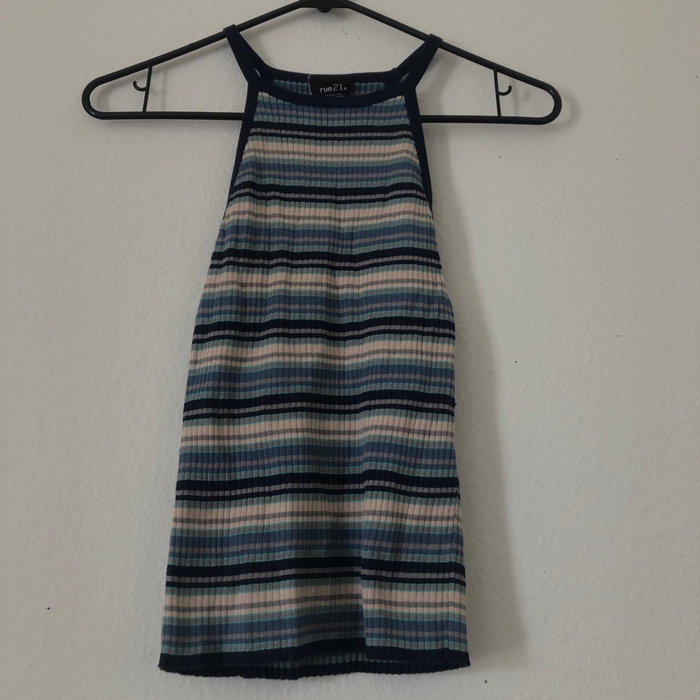 textured blue striped tank top worn once